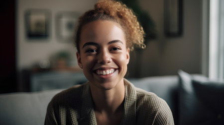 Portrait of smiling african american woman sitting on sofa at homeの素材