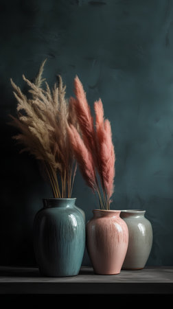 Three vases with dried pampas grass on a dark backgroundの素材