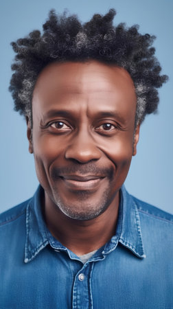 Portrait of a happy african american man on blue backgroundの素材