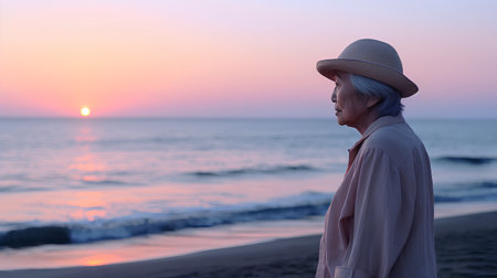 Asian senior or elderly old lady woman happy and relax on the beach at sunrise or sunset time.の素材