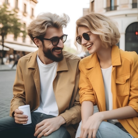 beautiful young couple in sunglasses sitting on the street and drinking coffeeの素材