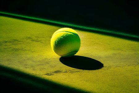 Tennis ball on the tennis court with hard light and shadows.の素材
