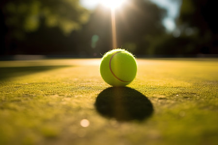 Tennis ball on the court with sunlight in the morning. Soft focus.の素材