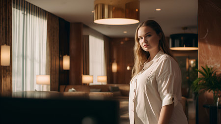 Beautiful young woman in white shirt looking at the camera in hotel lobbyの素材