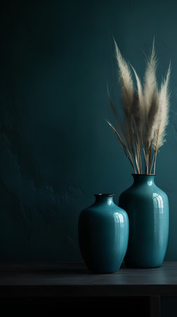 Vase with dry pampas grass on dark blue wall backgroundの素材