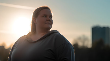 Portrait of a beautiful young woman in the city at sunset.の素材