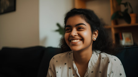 Portrait of a smiling young woman sitting on a sofa at homeの素材