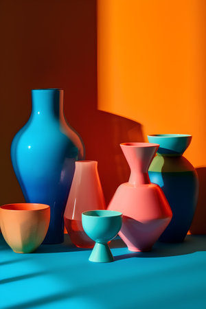 Colorful ceramic vases on a blue and orange background. 3d renderingの素材