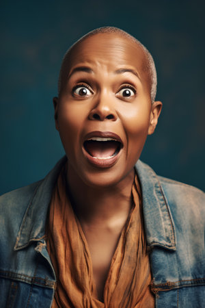 Surprised african american woman looking at camera with opened mouthの素材