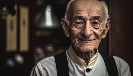 Portrait of an old man with a white shirt and suspendersの素材