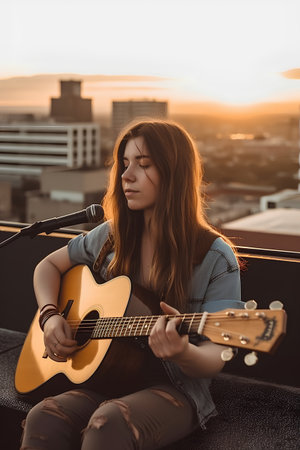 Beautiful young woman playing the guitar on the roof at sunset.の素材