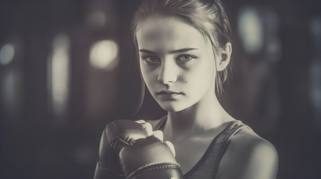 Portrait of a beautiful young woman with boxing gloves in the gymの素材