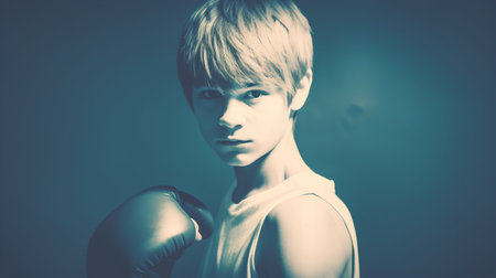 Young boxer woman with boxing gloves on dark background. Closeup portraitの素材