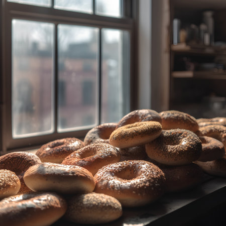Bagels on the table in a bakery. Selective focus.の素材