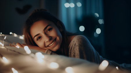 Smiling young woman lying in bed with Christmas lights in the backgroundの素材