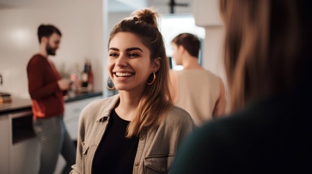 Portrait of beautiful young woman looking at camera and smiling while her boyfriend standing in backgroundの素材