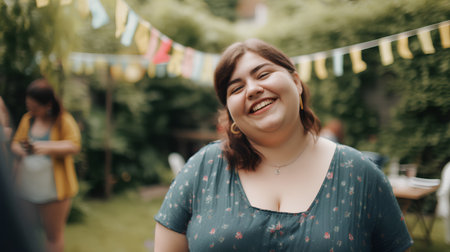 Beautiful young woman in a summer garden laughing and having fun.の素材