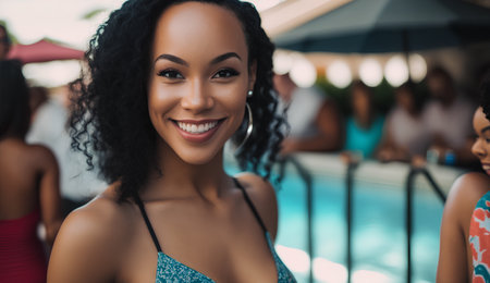 Portrait of a beautiful young african american woman in swimsuit smiling and looking at camera while standing near swimming poolの素材