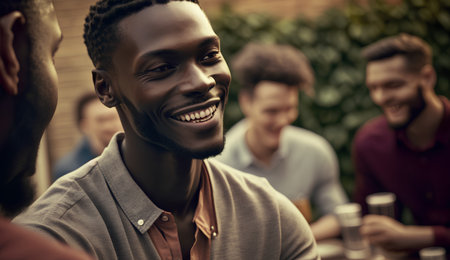 Cheerful african-american man looking at camera in cafeの素材