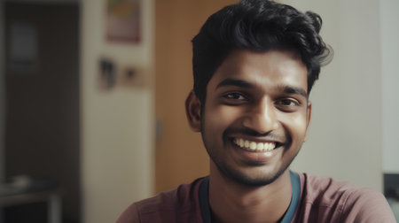 Portrait of a young Indian man smiling at the camera. Indoors.の素材