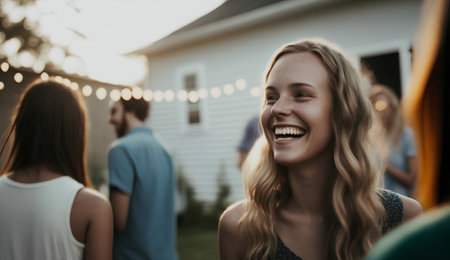 Group of friends having fun at a summer party, dancing and having funの素材