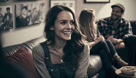 Beautiful young woman is smiling and looking at camera while sitting on sofa in cafeの素材
