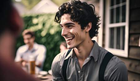 Portrait of a handsome young man taking a selfie with friends outdoors.の素材