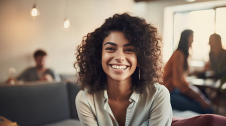 Beautiful african american woman smiling and looking at camera while sitting on sofa in cafeの素材