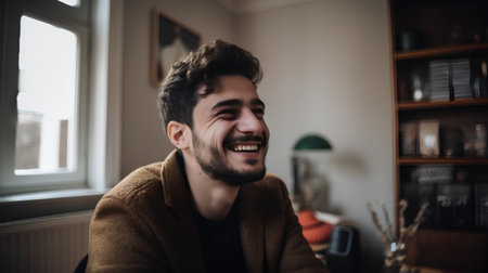 Portrait of a happy young man laughing at home. Indoors.の素材