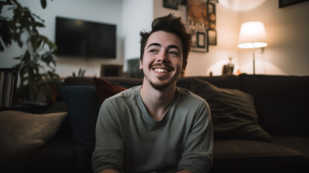 Portrait of a young man smiling while sitting on a sofa at homeの素材