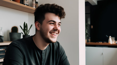 Portrait of a smiling young man sitting in the kitchen at homeの素材