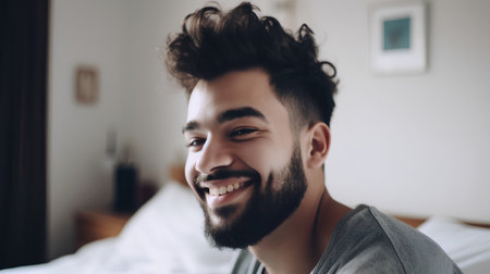 Portrait of a handsome young man smiling while sitting in bed at homeの素材