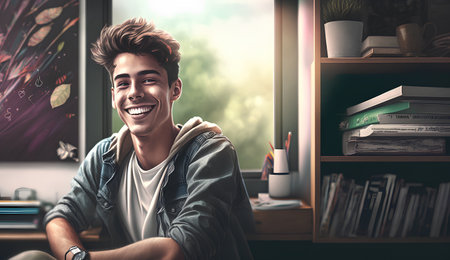 Portrait of a handsome young man smiling and looking at the camera while sitting in his office.の素材