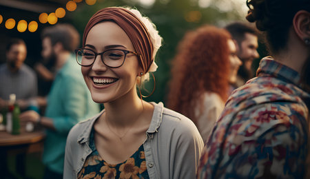Cheerful young woman in eyeglasses looking at camera and smiling while standing with friends outdoorsの素材