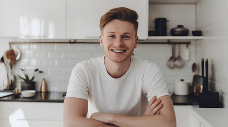 Cheerful young man is looking at camera and smiling while standing in the kitchen at homeの素材