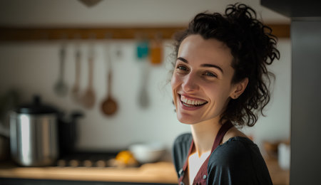 Portrait of a beautiful woman smiling while standing in the kitchen at homeの素材