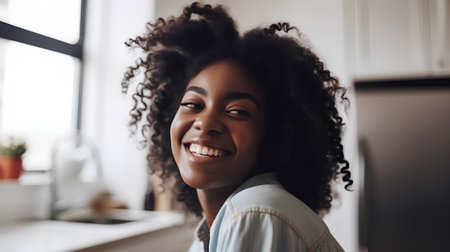 Portrait of a happy young african american woman smiling in the kitchenの素材