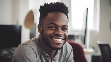 Portrait of young african american man smiling at camera in officeの素材