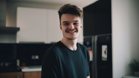Portrait of a smiling young man standing in the kitchen at homeの素材