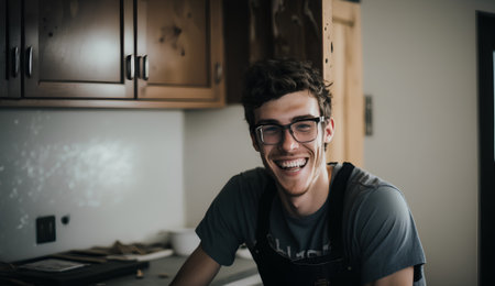 Portrait of a handsome young man smiling while cooking in the kitchenの素材
