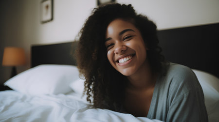 Portrait of a beautiful young woman smiling while lying in bed at homeの素材