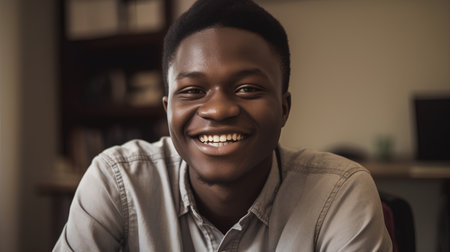 Portrait of a smiling young african american man at homeの素材