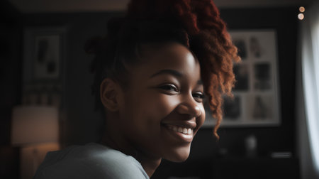 Beautiful african american woman with curly hairstyle at homeの素材