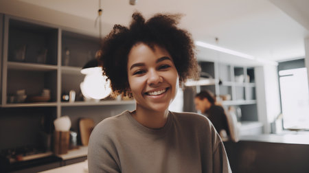 Portrait of a beautiful young african american woman looking at camera and smiling while standing in the kitchen at homeの素材
