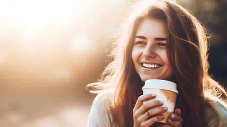 Portrait of happy young woman with cup of coffee in the cityの素材