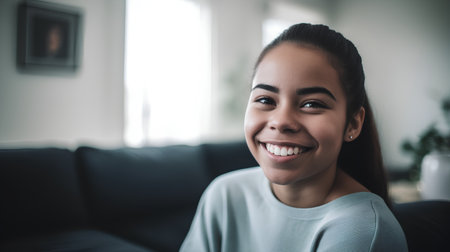 Portrait of a beautiful young woman smiling while sitting on sofa at homeの素材