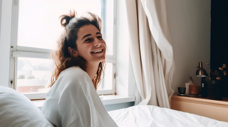 beautiful young woman in pajamas smiling and looking away while sitting in bed at homeの素材