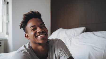 Young african american man smiling and looking away while lying on bed at homeの素材