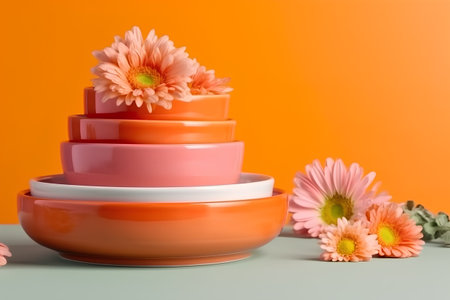 Colorful ceramic bowls with gerbera daisies on orange backgroundの素材