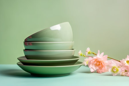 Colorful plates and bowls on a green background with a pink flowerの素材